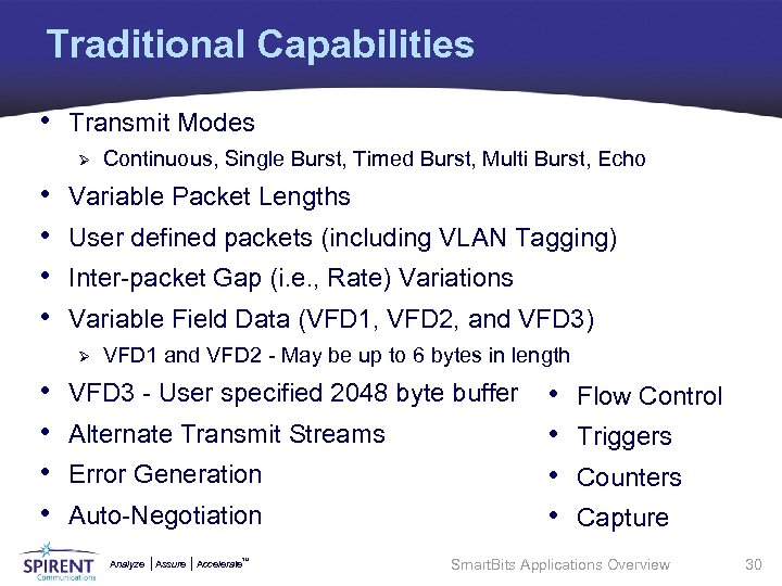 Traditional Capabilities • Transmit Modes Ø • • Variable Packet Lengths User defined packets