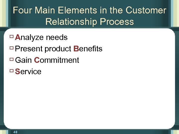 Four Main Elements in the Customer Relationship Process ù Analyze needs ù Present product