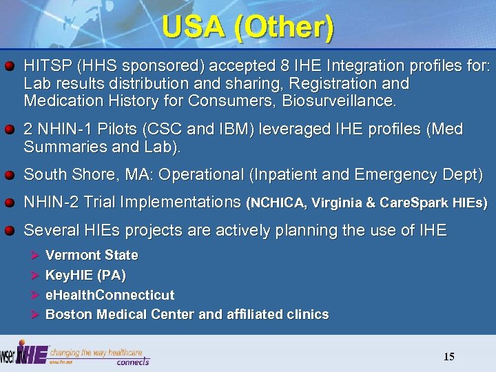 USA (Other) HITSP (HHS sponsored) accepted 8 IHE Integration profiles for: Lab results distribution