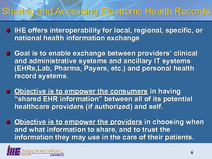 Sharing and Accessing Electronic Health Records IHE offers interoperability for local, regional, specific, or