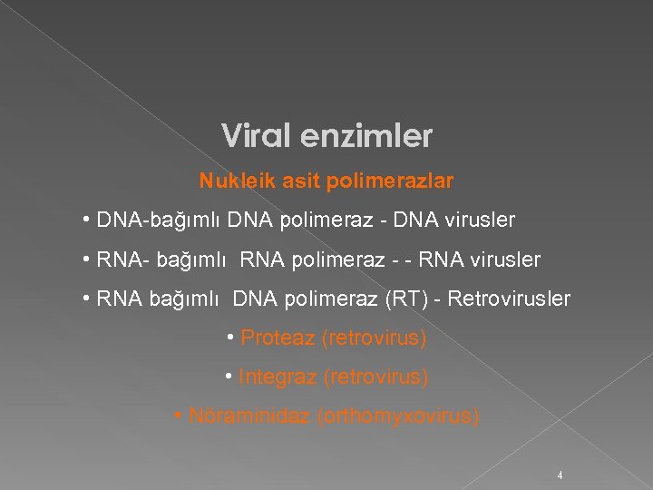 Viral enzimler Nukleik asit polimerazlar • DNA-bağımlı DNA polimeraz - DNA virusler • RNA-