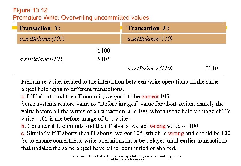 Figure 13. 12 Premature Write: Overwriting uncommitted values Transaction T: Transaction U: a. set.