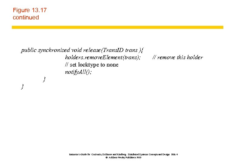 Figure 13. 17 continued public synchronized void release(Trans. ID trans ){ holders. remove. Element(trans);