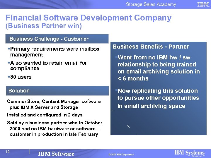 Storage Sales Academy Financial Software Development Company (Business Partner win) Business Challenge - Customer