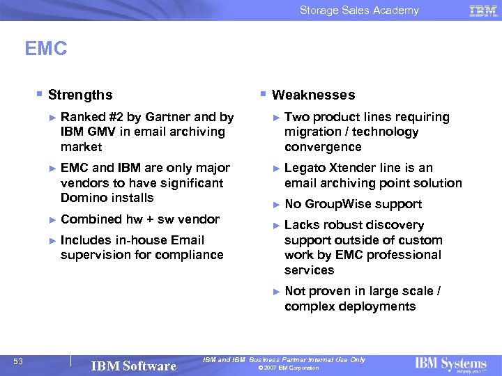 Storage Sales Academy EMC § Strengths § Weaknesses ► Ranked #2 by Gartner and