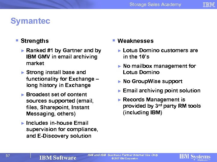Storage Sales Academy Symantec § Strengths ► ► 57 § Weaknesses Ranked #1 by