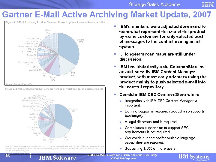 Storage Sales Academy Gartner E-Mail Active Archiving Market Update, 2007 § IBM’s numbers were
