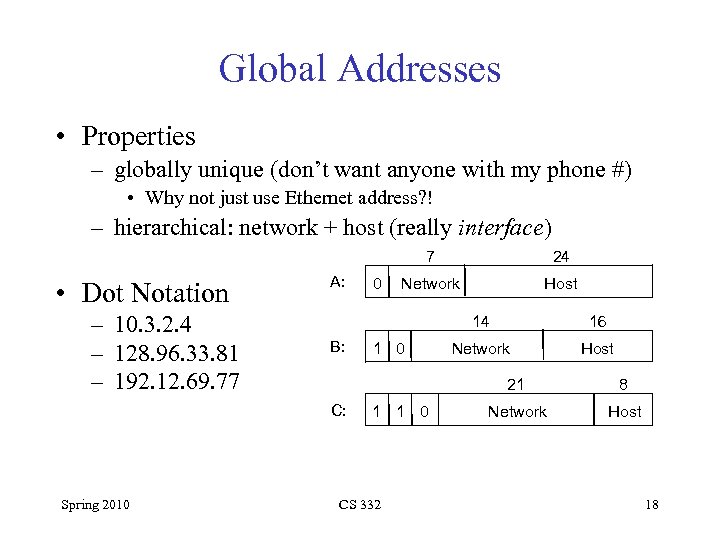 Global Addresses • Properties – globally unique (don’t want anyone with my phone #)