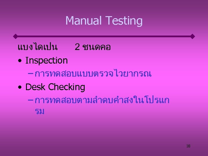 Manual Testing แบงไดเปน 2 ชนดคอ • Inspection – การทดสอบแบบตรวจไวยากรณ • Desk Checking – การทดสอบตามลำดบคำสงในโปรแก
