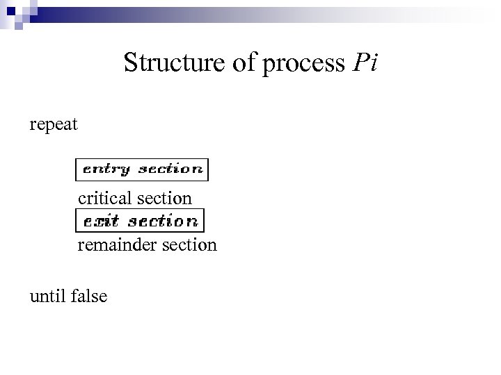 Structure of process Pi repeat critical section remainder section until false 