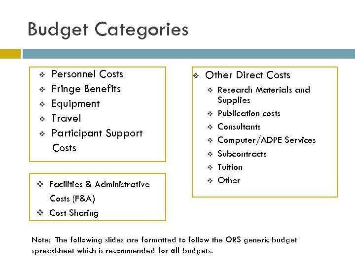 Budget Categories v v v Personnel Costs Fringe Benefits Equipment Travel Participant Support Costs