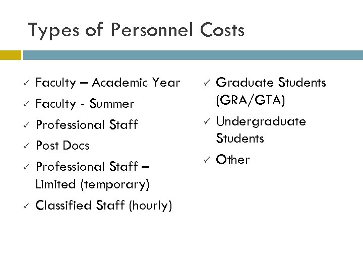 Types of Personnel Costs ü ü ü Faculty – Academic Year Faculty - Summer