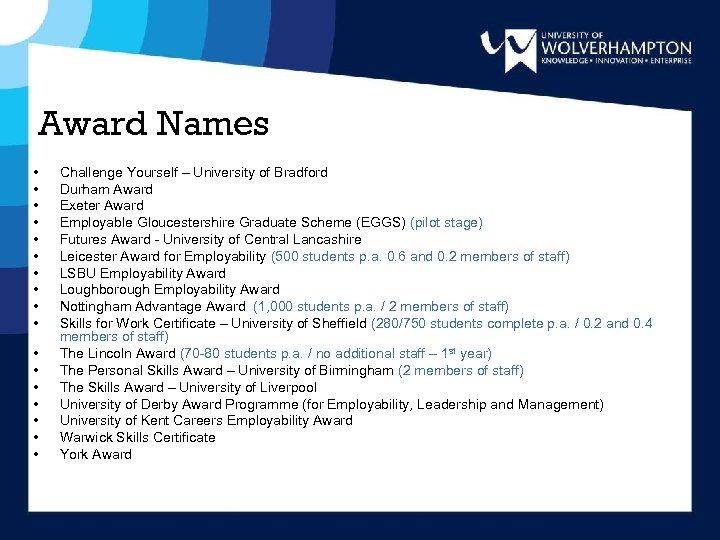Award Names • • • • • Challenge Yourself – University of Bradford Durham