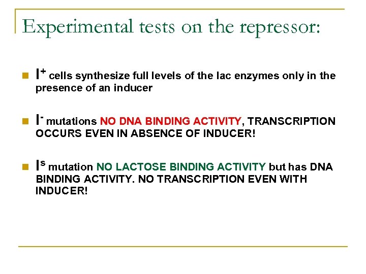 Experimental tests on the repressor: n I+ cells synthesize full levels of the lac