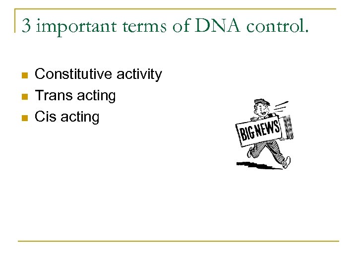 3 important terms of DNA control. n n n Constitutive activity Trans acting Cis