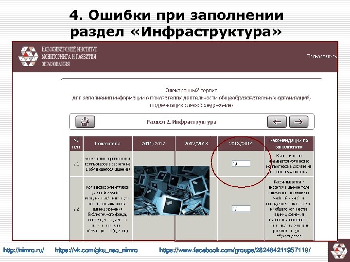4. Ошибки при заполнении раздел «Инфраструктура» http: //nimro. ru/ https: //vk. com/gku_nso_nimro https: //www.