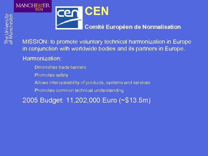 CEN Comité Européen de Normalisation MISSION: to promote voluntary technical harmonization in Europe in