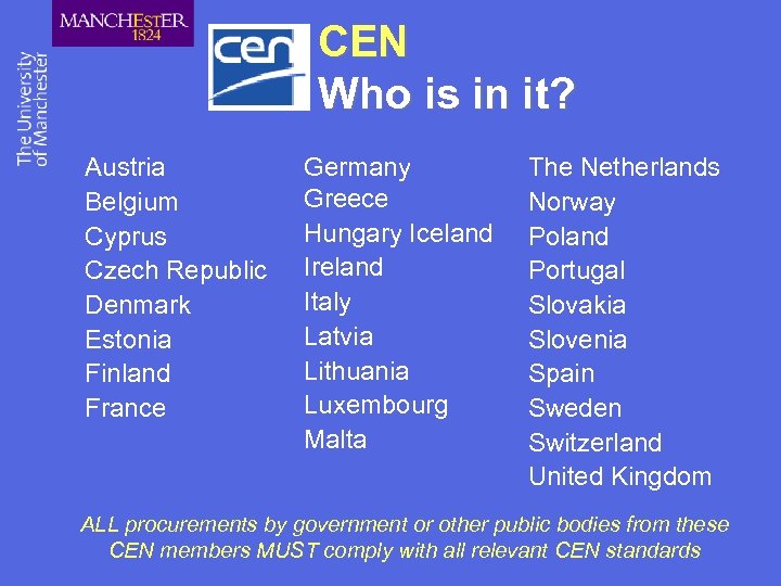 CEN Who is in it? Austria Belgium Cyprus Czech Republic Denmark Estonia Finland France