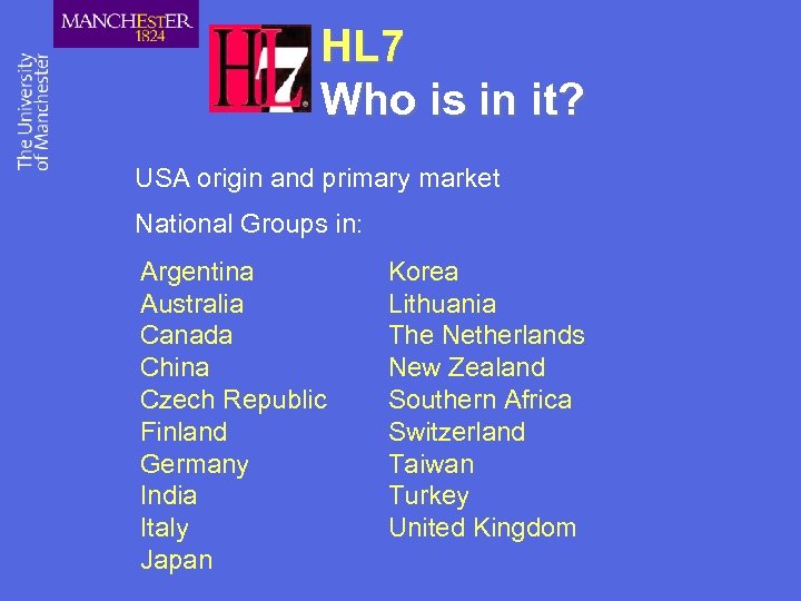 HL 7 Who is in it? USA origin and primary market National Groups in: