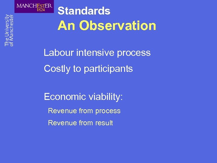 Standards An Observation Labour intensive process Costly to participants Economic viability: Revenue from process