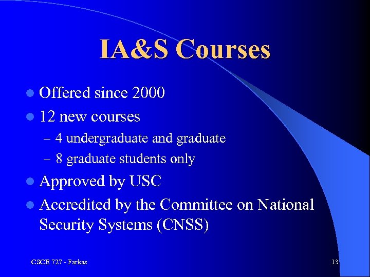 IA&S Courses l Offered since 2000 l 12 new courses – 4 undergraduate and