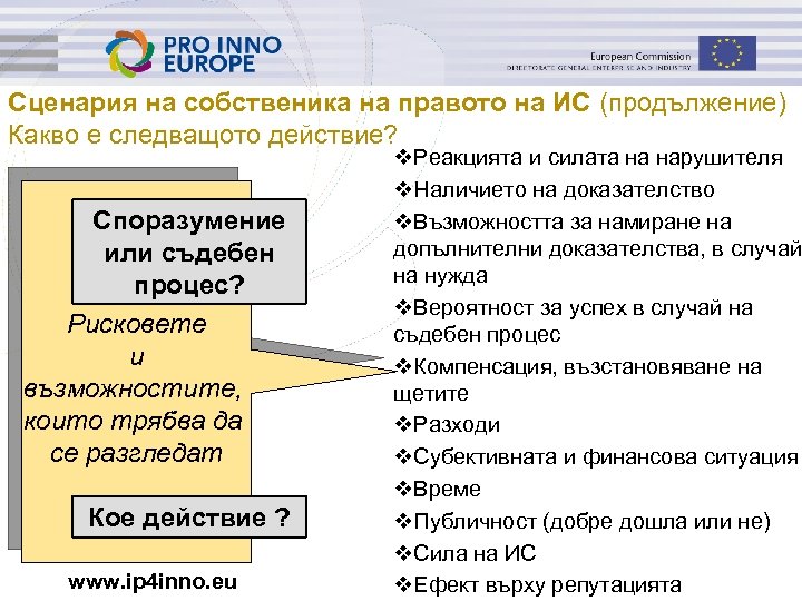 Сценария на собственика на правото на ИС (продължение) Какво е следващото действие? Споразумение или