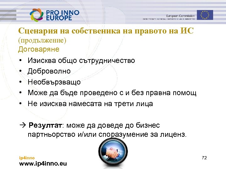 Сценария на собственика на правото на ИС (продължение) Договаряне • Изисква общо сътрудничество •