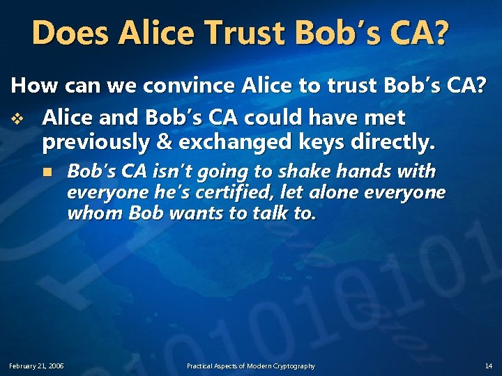 Does Alice Trust Bob’s CA? How can we convince Alice to trust Bob’s CA?