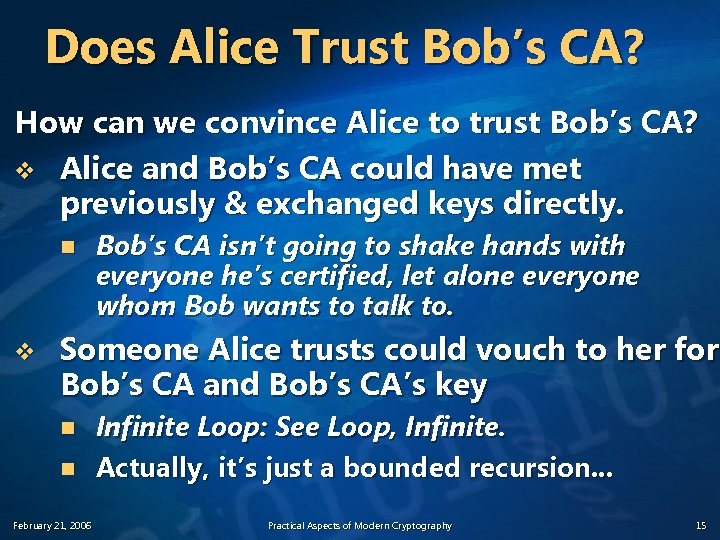 Does Alice Trust Bob’s CA? How can we convince Alice to trust Bob’s CA?