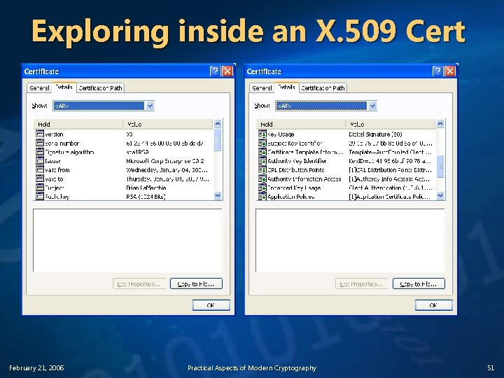 Exploring inside an X. 509 Cert February 21, 2006 Practical Aspects of Modern Cryptography