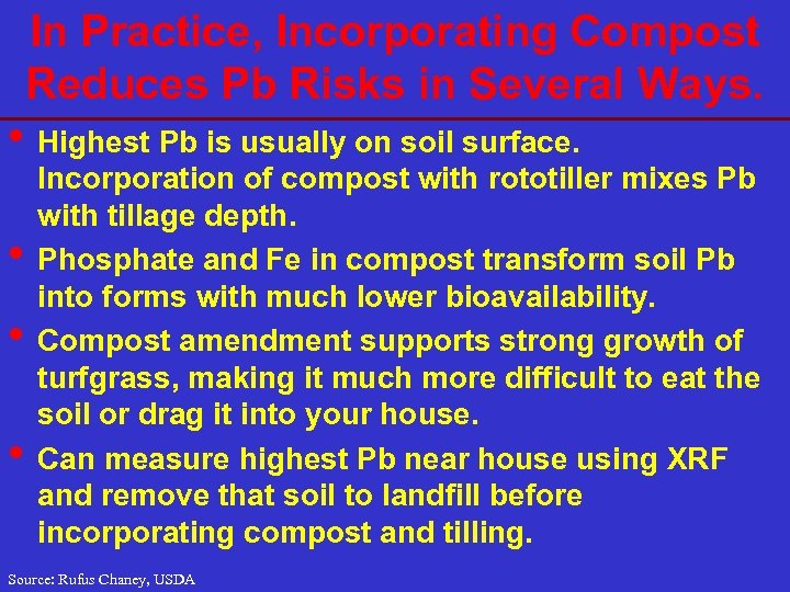 In Practice, Incorporating Compost Reduces Pb Risks in Several Ways. • Highest Pb is