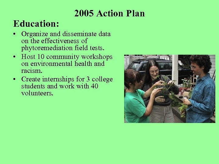 Education: 2005 Action Plan • Organize and disseminate data on the effectiveness of phytoremediation