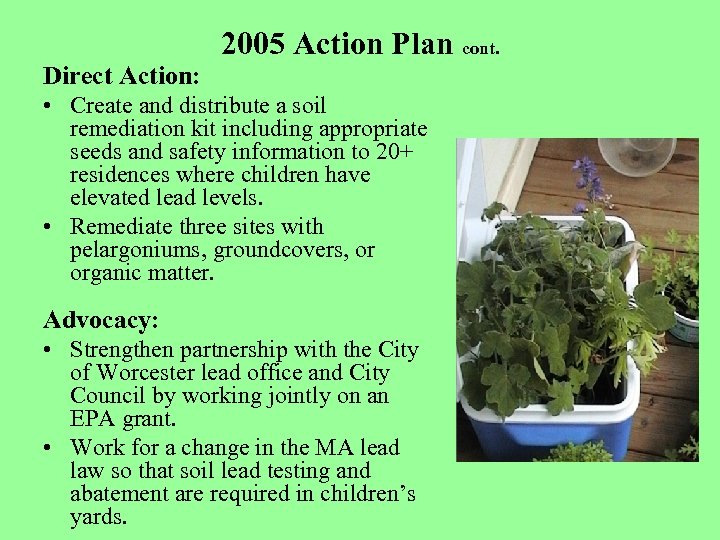 Direct Action: 2005 Action Plan cont. • Create and distribute a soil remediation kit
