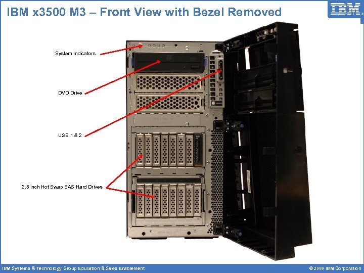 IBM x 3500 M 3 – Front View with Bezel Removed System Indicators DVD