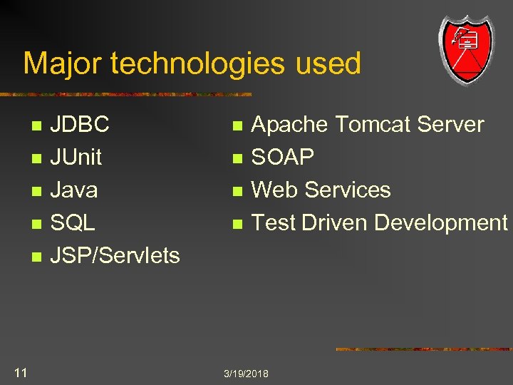 Major technologies used n n n 11 JDBC JUnit Java SQL JSP/Servlets n n