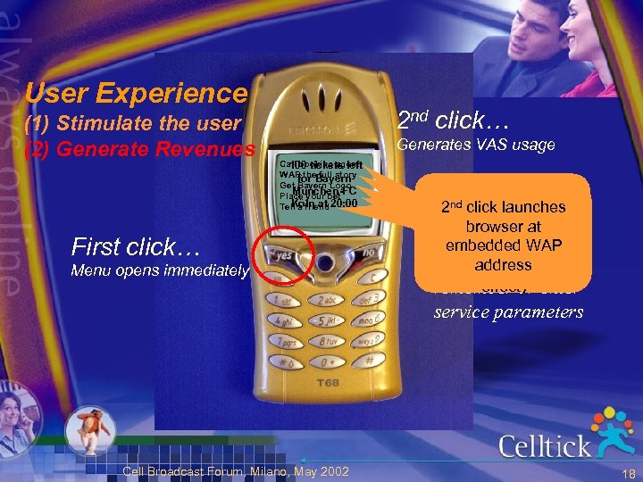 User Experience (1) Stimulate the user (2) Generate Revenues 2 nd click… Generates VAS