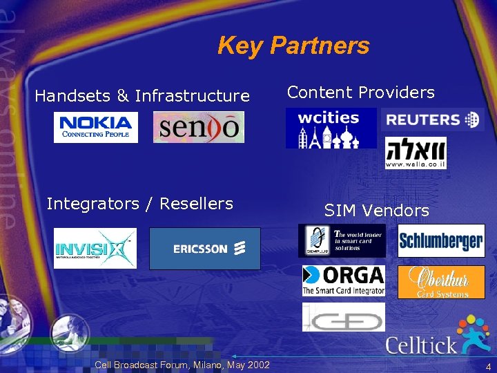 Key Partners Handsets & Infrastructure Integrators / Resellers Cell Broadcast Forum, Milano, May 2002