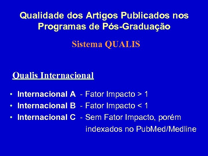 Qualidade dos Artigos Publicados nos Programas de Pós-Graduação Sistema QUALIS Qualis Internacional • Internacional