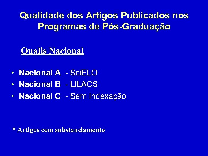 Qualidade dos Artigos Publicados nos Programas de Pós-Graduação Qualis Nacional • Nacional A -