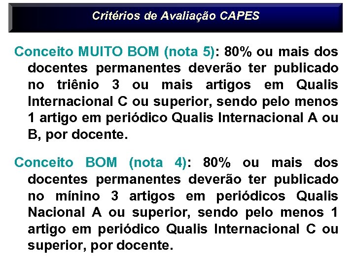 Critérios de Avaliação CAPES Conceito MUITO BOM (nota 5): 80% ou mais docentes permanentes
