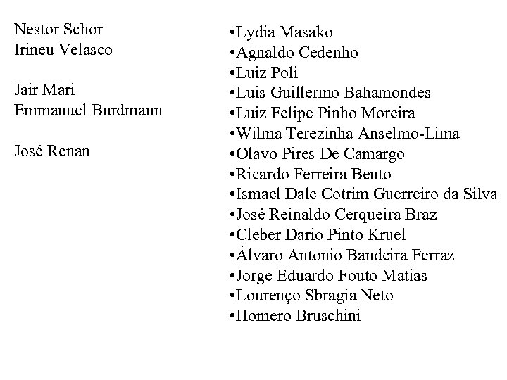 Nestor Schor Irineu Velasco Jair Mari Emmanuel Burdmann José Renan • Lydia Masako •
