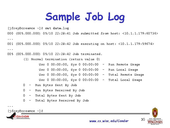 Sample Job Log [jfrey@creamce ~]$ cat date. log 000 (005. 000) 05/10 22: 28: