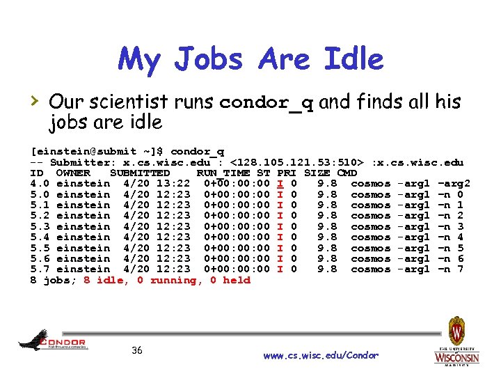 My Jobs Are Idle › Our scientist runs condor_q and finds all his jobs