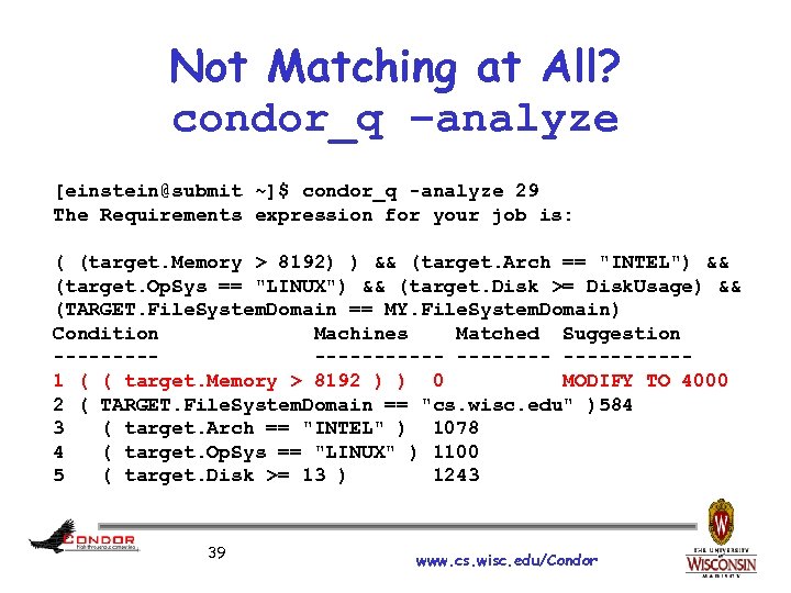 Not Matching at All? condor_q –analyze [einstein@submit ~]$ condor_q -analyze 29 The Requirements expression