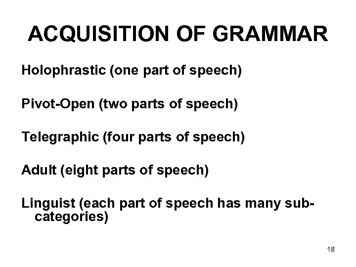 ACQUISITION OF GRAMMAR Holophrastic (one part of speech) Pivot-Open (two parts of speech) Telegraphic