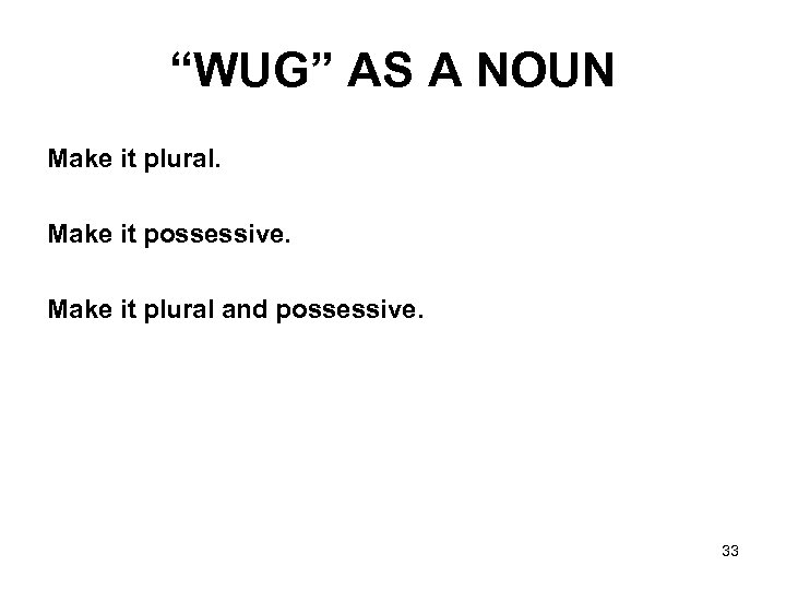 “WUG” AS A NOUN Make it plural. Make it possessive. Make it plural and