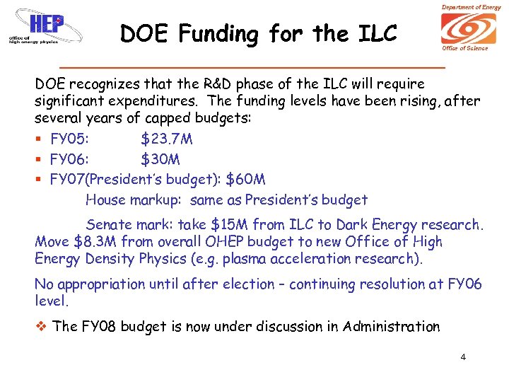 Department of Energy DOE Funding for the ILC Office of Science DOE recognizes that