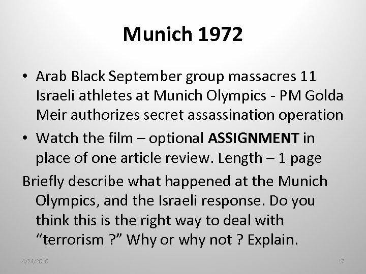 Munich 1972 • Arab Black September group massacres 11 Israeli athletes at Munich Olympics