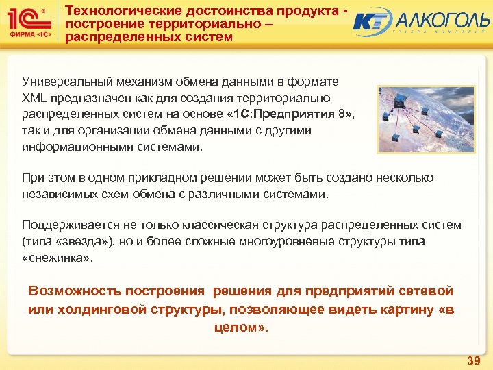 Технологические достоинства продукта построение территориально – распределенных систем Универсальный механизм обмена данными в формате