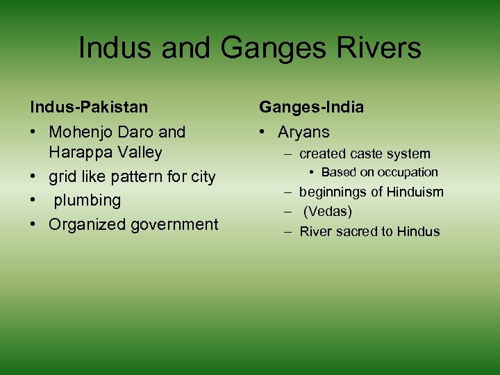 Indus and Ganges Rivers Indus-Pakistan Ganges-India • Mohenjo Daro and Harappa Valley • grid